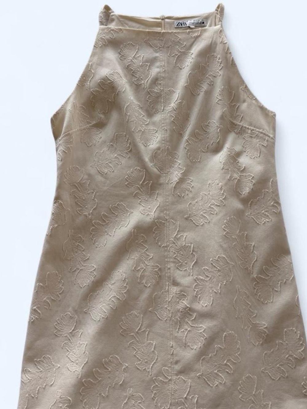 Zara Champagne Halter Mini Dress with Floral Embroidery